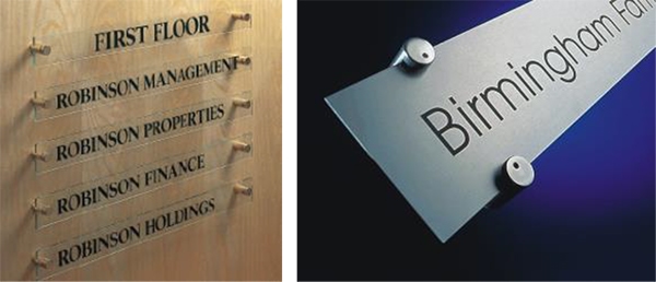 "Through-hole" and "edge grip" style standoffs for architectural display signage. 12-Point SignWorks - Franklin TN