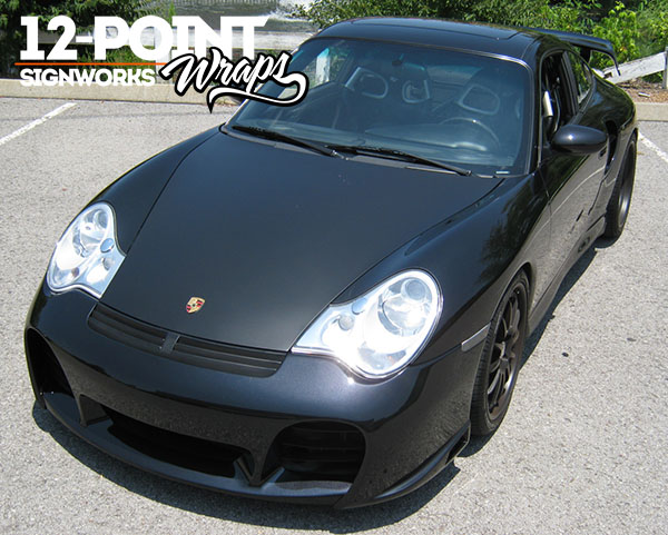 Custom matte black hood wrap on a Porsche 911. 12-Point SignWorks - Franklin TN