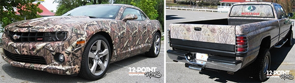 Custom camo wraps on a Camaro and a Dodge RAM truck. 12-Point SignWorks - Franklin TN