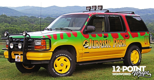 Custom Jurassic Park wrap on a 1993 Ford Explorer. 12-Point SignWorks