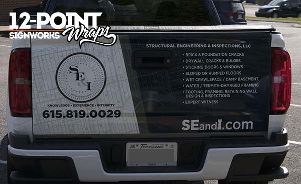 The tailgate wrap for the SE&I advertising graphics. 12-Point SignWorks - Franklin TN