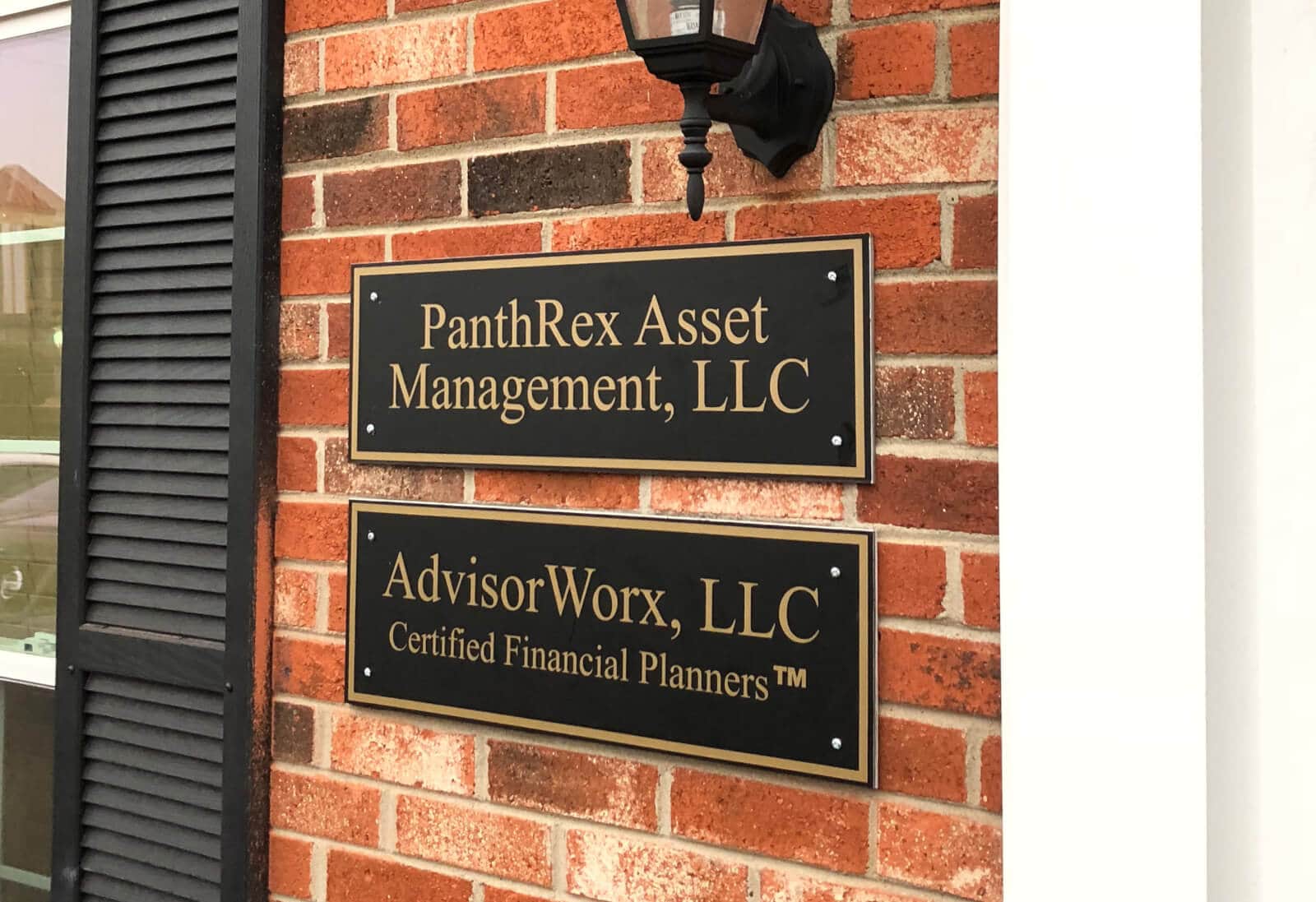 Custom name plaques for PanthRex Asset Management and AdvisorWorx. 12-Point SignWorks - Franklin, TN