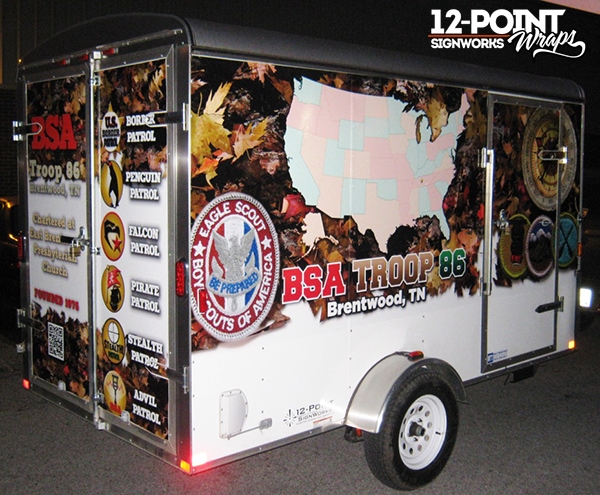 Vinyl trailer wrap design for Boy Scout Troop 86 trailer in Brentwood TN. 12-Point SignWorks - Franklin TN