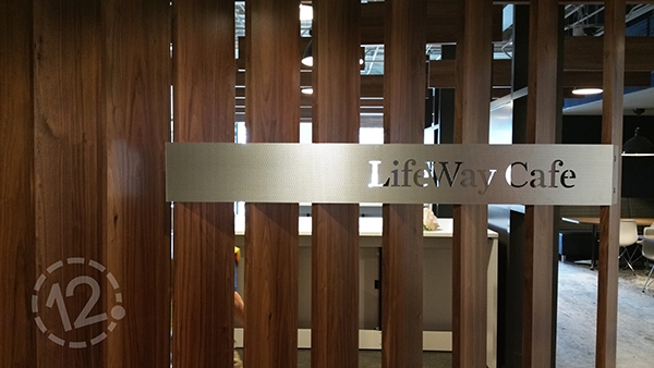 The LifeWay Cafe sign was created with rigidized textured aluminum and installed on wooden slats. 12-Point SignWorks - Franklin, TN