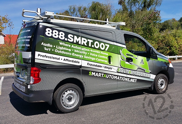 This Smart Automations wrap contains the company logo, contact information and a list of services. 12-Point SignWorks - Franklin, TN