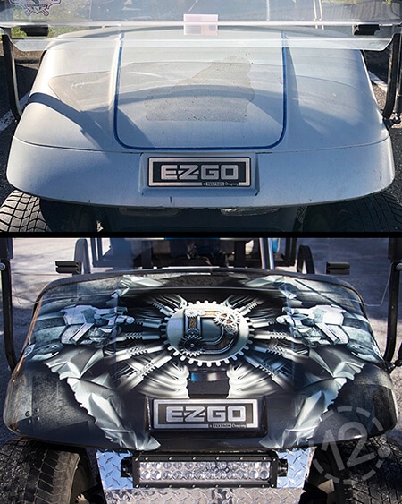 Before and after photos of the robot-themed golf cart hood. 12-Point SignWorks - Franklin, TN