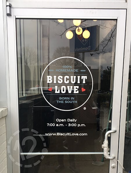 Window graphics for Biscuit Love's Gulch and Hillsboro Village locations. 12-Point SignWorks - Franklin, TN