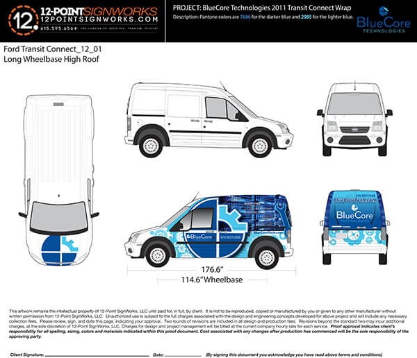 BlueCore Technologies' Custom Van Wrap Proof. 12-Point SignWorks - Franklin, TN