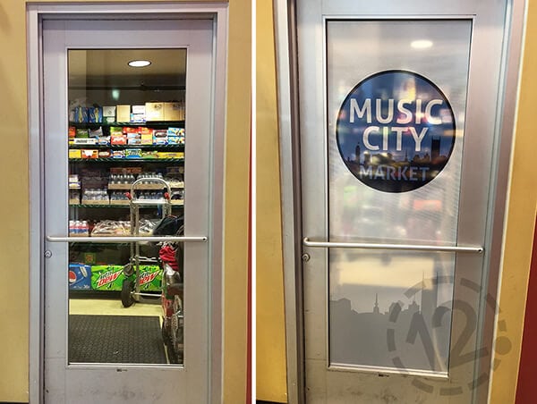 Perforated window graphics on the door leading into the storage area at the Music City Market. 12-Point SignWorks - Franklin, TN
