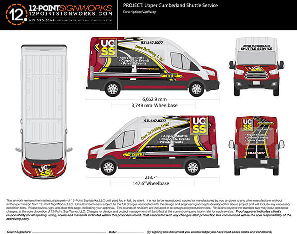 Van Wrap Design Proof for Upper Cumberland Shuttle Service. 12-Point SignWorks - Franklin, TN