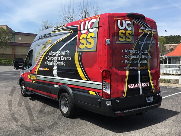 Back and Side View of the Upper Cumberland Shuttle Service Van Wrap. 12-Point SignWorks - Franklin, TN