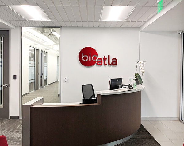 Metal logo sign for BioAtla in San Diego. 12-Point SignWorks - Franklin, TN