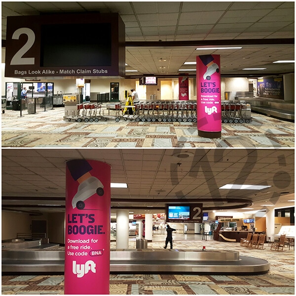 Column wraps for Lyft at the Nashville International Airport. 12-Point SignWorks - Franklin, TN