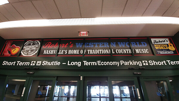 Window graphics for Robert's Western World at the Nashville International Airport