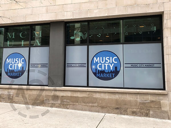 Perforated window graphics for the Music City Market in Nashville. 12-Point SignWorks - Franklin, TN