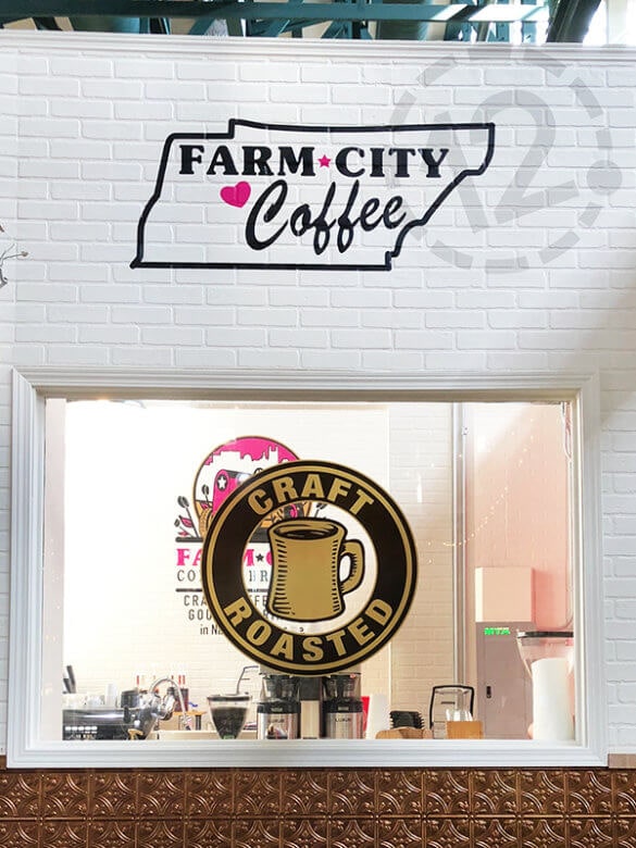 Vinyl wall and window graphics for Farm City Coffee in Nashville. 12-Point SignWorks - Franklin, TN