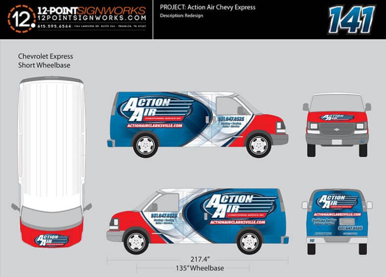 Proof of New Cargo Van Wrap for Action Air in Clarksville, TN. 12-Point SignWorks - Franklin, TN