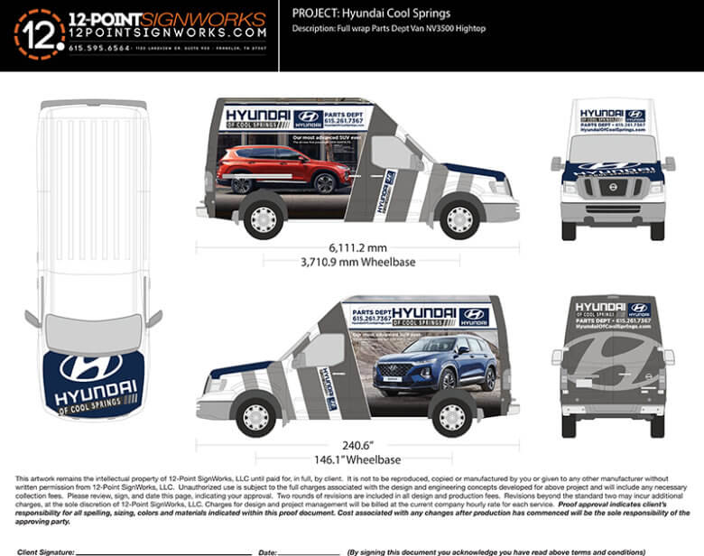 Proof of custom van wrap for Hyundai of Cool Springs in Franklin, TN by 12-Point SignWorks.
