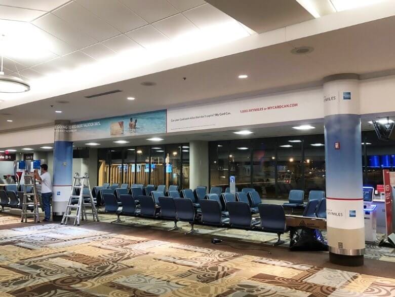 Soffit and column wraps for Clear Channel Airports installed by 12-Point SignWorks at the Nashville International Airport.
