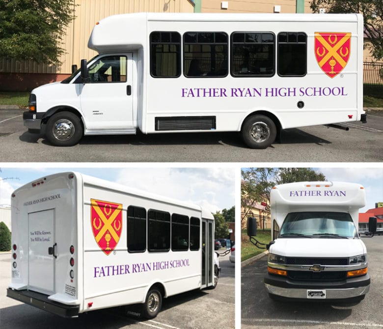 Fleet graphics for Father Ryan High School in Nashville, TN printed and installed by 12-Point SignWorks.