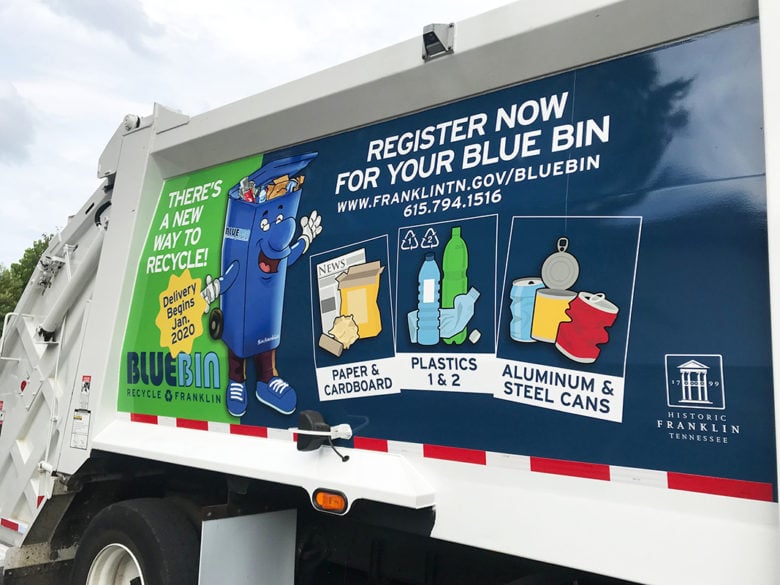 Truck wrap to promote the City of Franklin's Blue Bin recycling program printed and installed by 12-Point SignWorks.