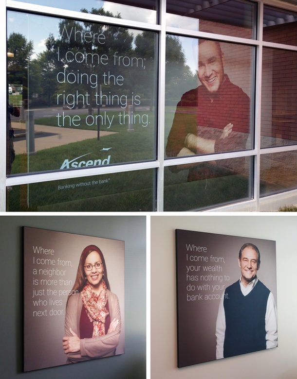 Silicone edge graphic displays at Ascend Federal Credit Union in Franklin, TN installed by 12-Point SignWorks.