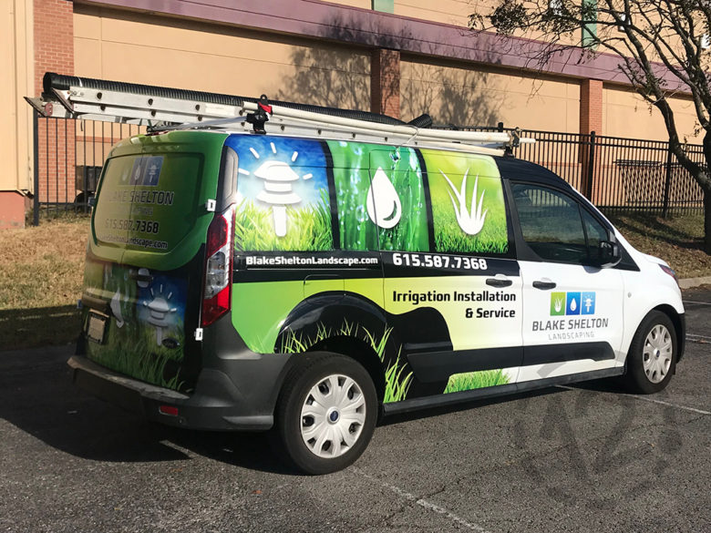 Custom vehicle advertising wrap for Blake Shelton Landscaping by 12-Point SignWorks in Franklin, TN.
