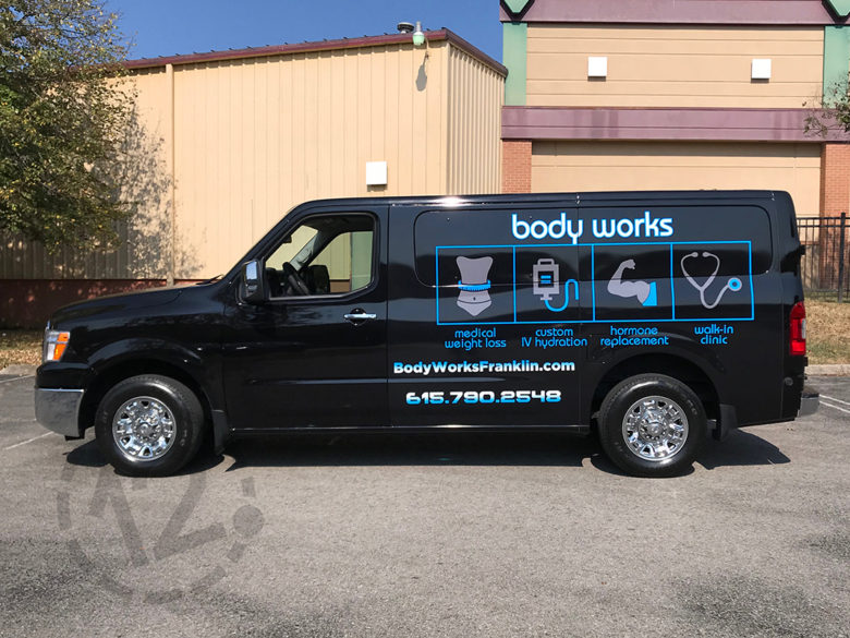 Custom vehicle wrap for Body Works in Franklin, TN by 12-Point SignWorks.