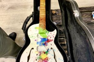 Guitar wrap with paint speckles.