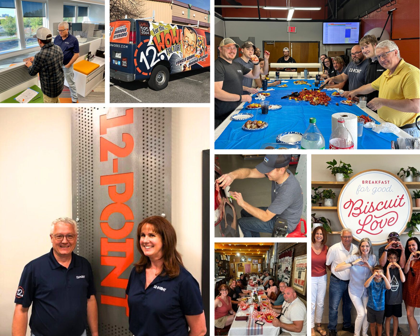 Collage of photos featuring the 12-Point SignWorks owners and team.