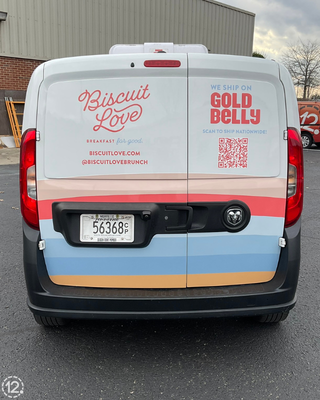 rear view of the advertising wrap on the goldbelly van for biscuit love