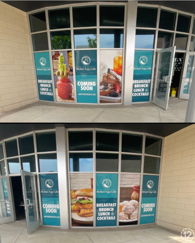 Sides of One Bellevue Place entrance showing the new window graphics